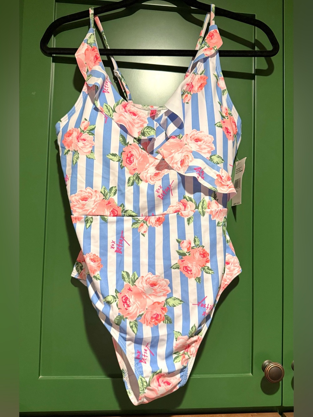 Betsey Johnson Floral Stripe One-Piece Swimsuit - Blue & Pink